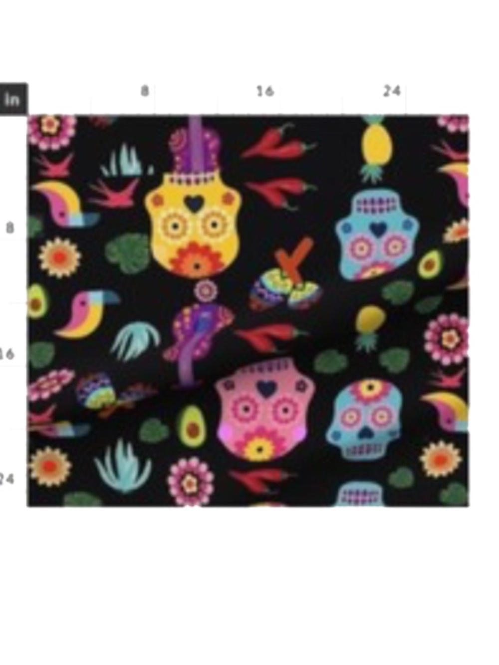 Day of Dead Skulls on black canvas - Fat Quarter     Fabric